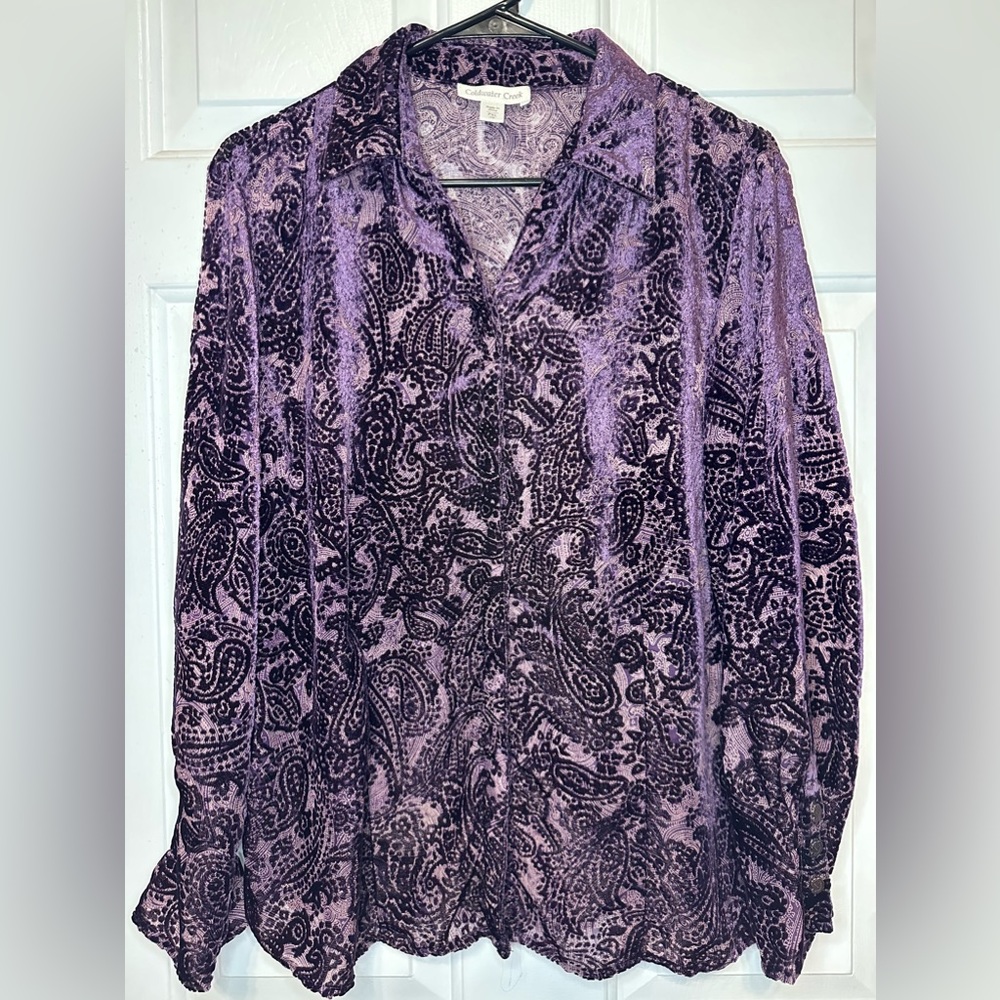 Coldwater creek sheer velvet overlay purple/burgundy long sleeve top PXL